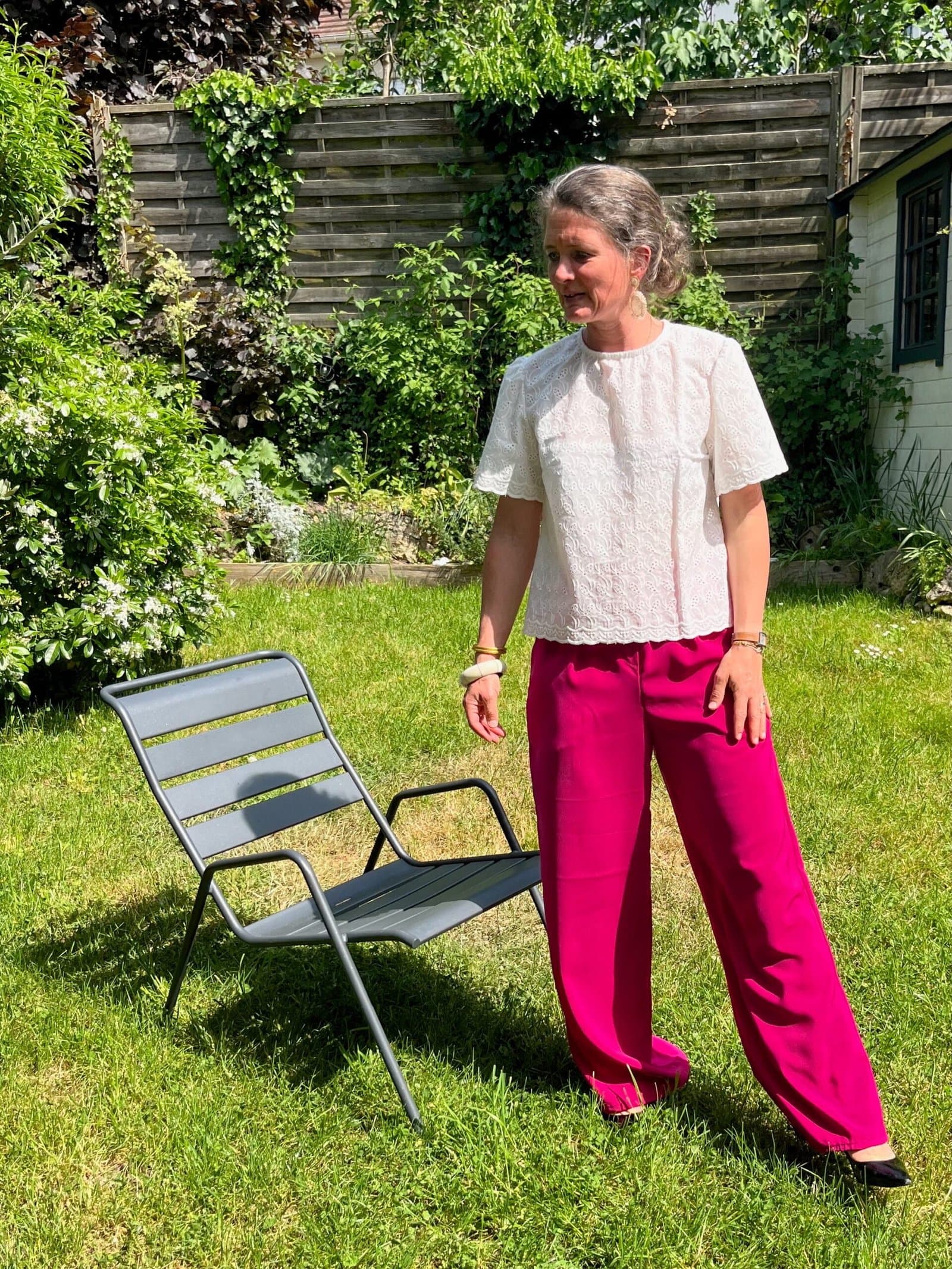 Georgette rose fuchsia – Pantalon coupe large tissu rose fuchsia – By Mésange fait main France